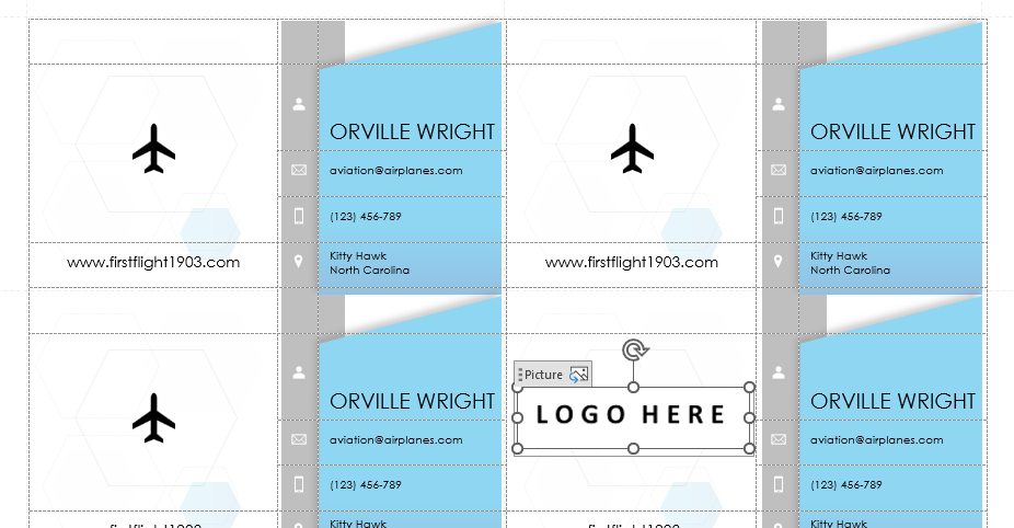 Logos in Microsoft Word's business card template are manually replaced by icons of an airplane.