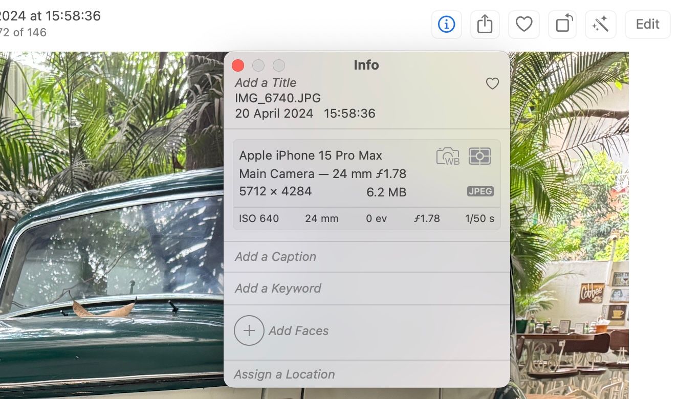 Checking metadata of an image in macOS Photos app.