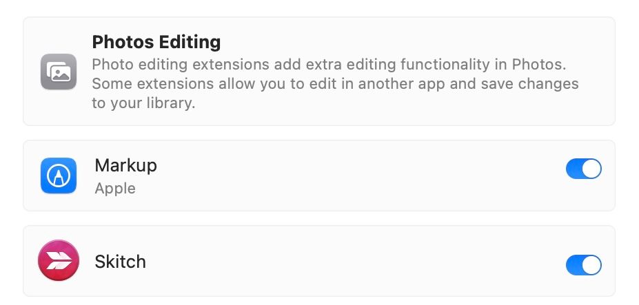 Toggling on extensions for Mac Photos app.