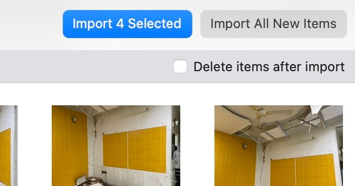 Import Selected button in macOS Photos app to import selected items.