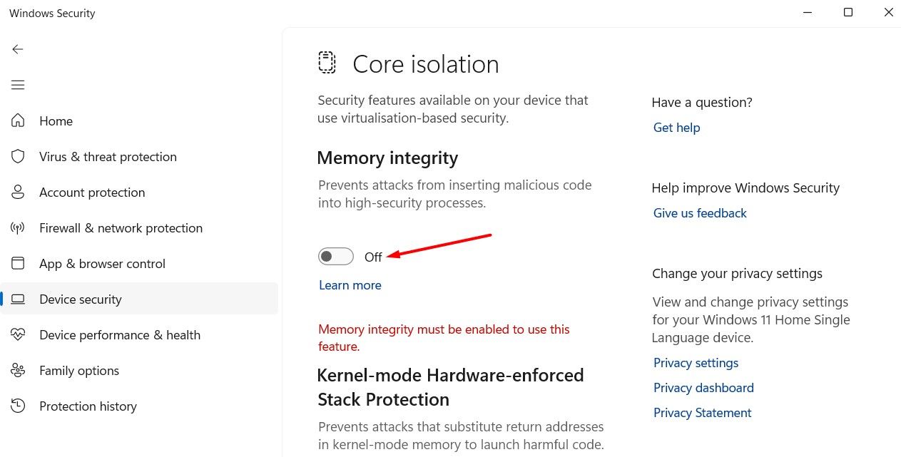 Memory Integrity toggle in the Windows Security app.