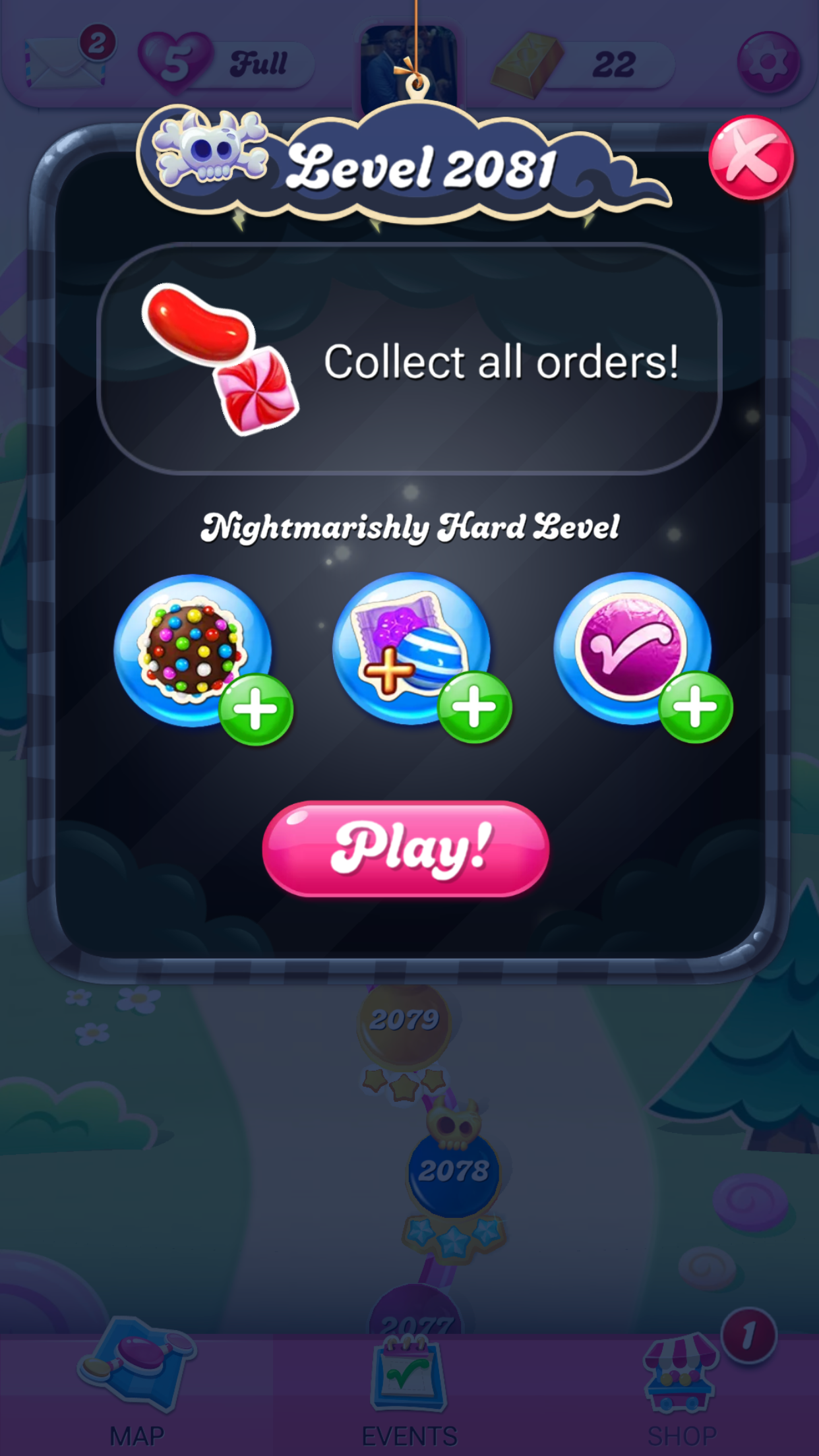 The level start screen in "Candy Crush Sage" on iPhone.