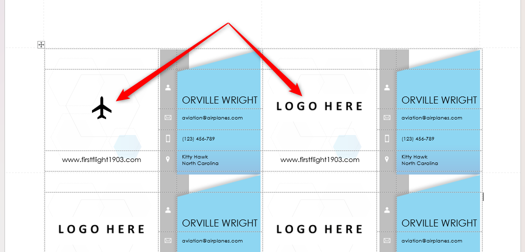 Microsoft Word's business card template, with a logo in the first template, but not in the second.