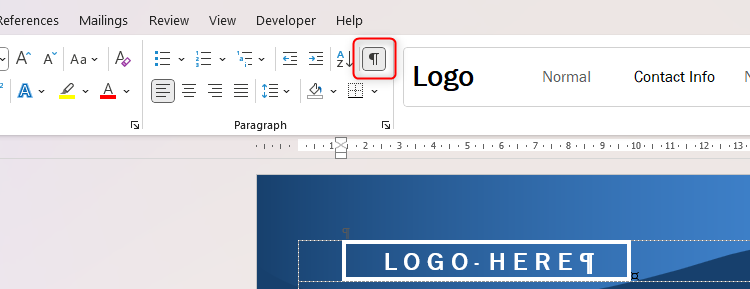 Microsoft Word's non-printing character icon in the Home tab on the ribbon.-1