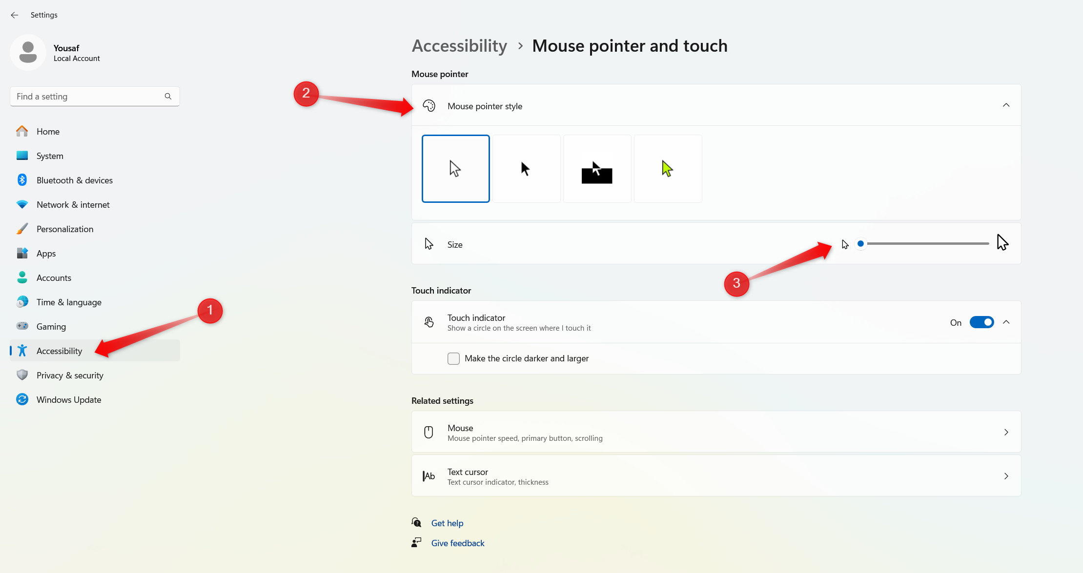 Modifying the mouse pointer style & size.