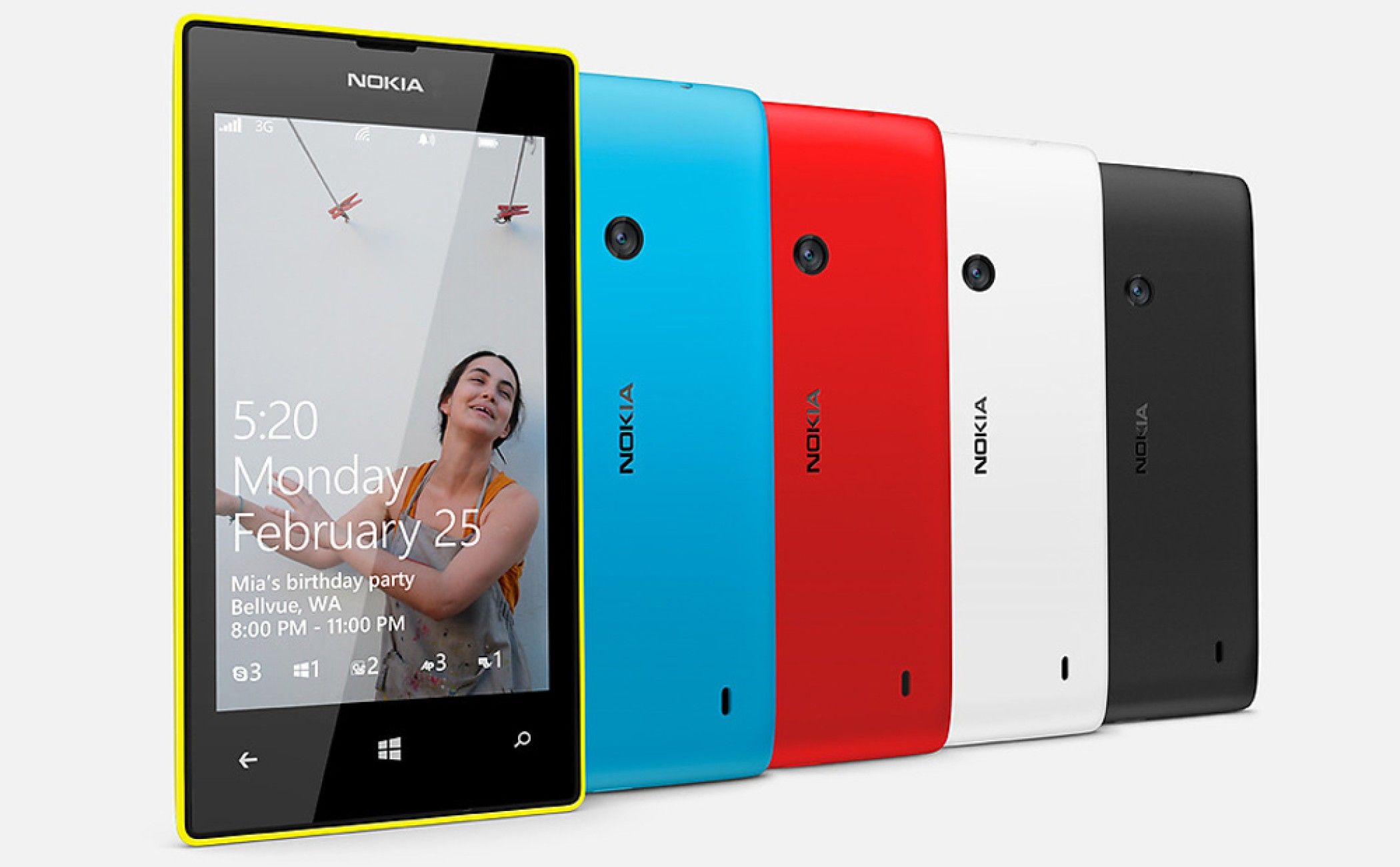 Nokia Lumia 520 Windows Phone handsets in multiple colors.