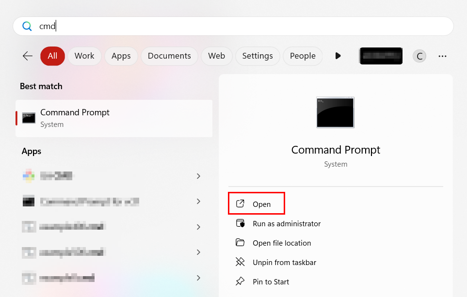 The start window showing the Command Prompt application.