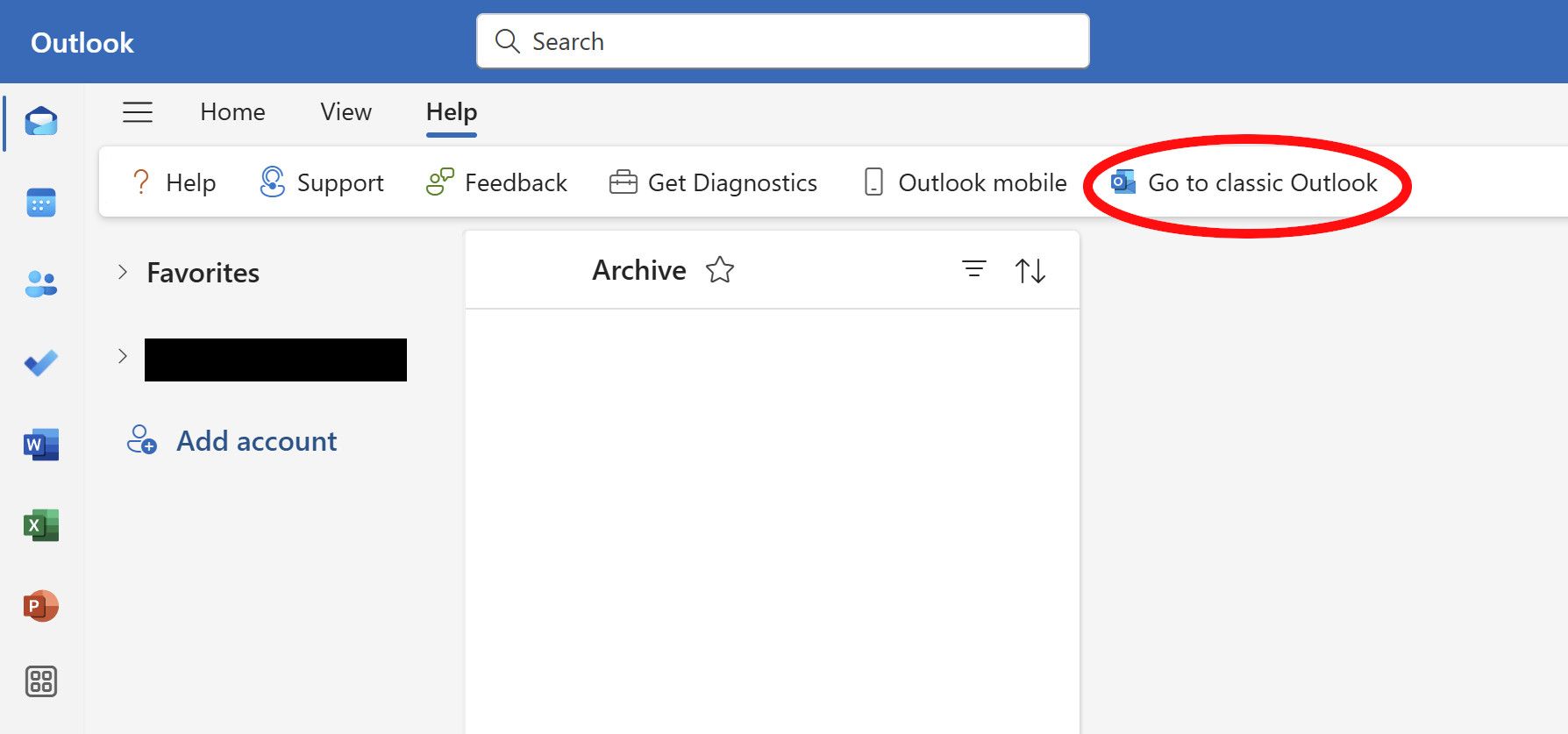 A red circle around the "Go to classic Outlook" option in Outlook for Windows 11.