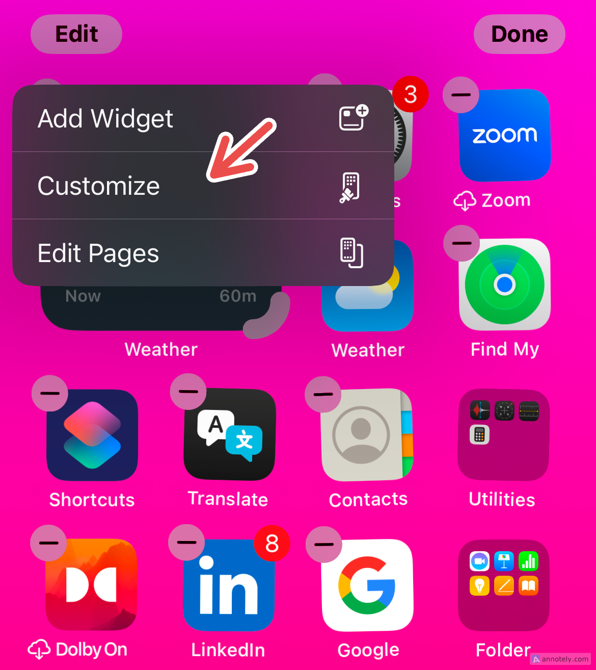 Customizing apps on the iPhone home screen.