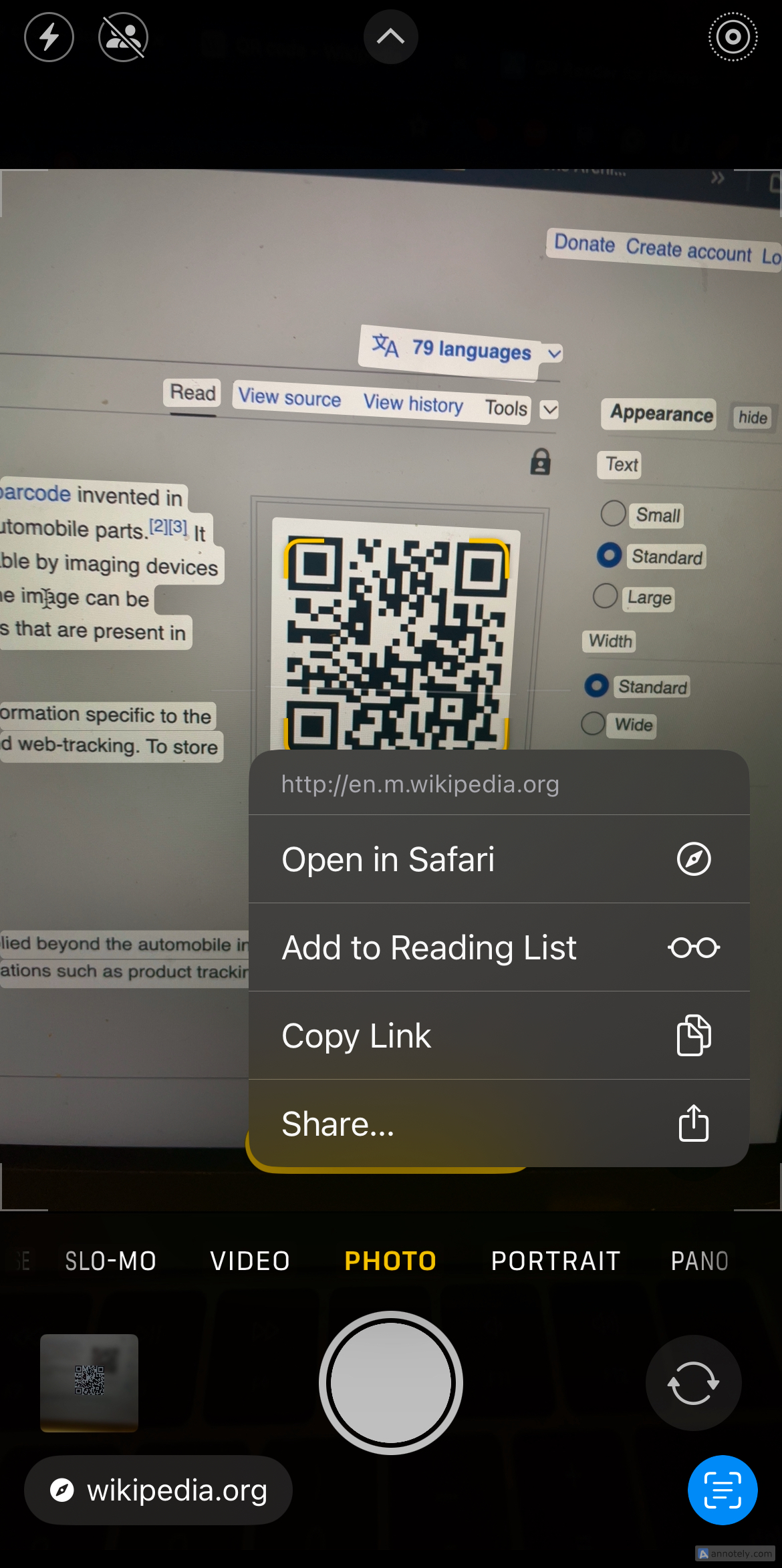 Live Text options for a picture of a QR code on Photos.