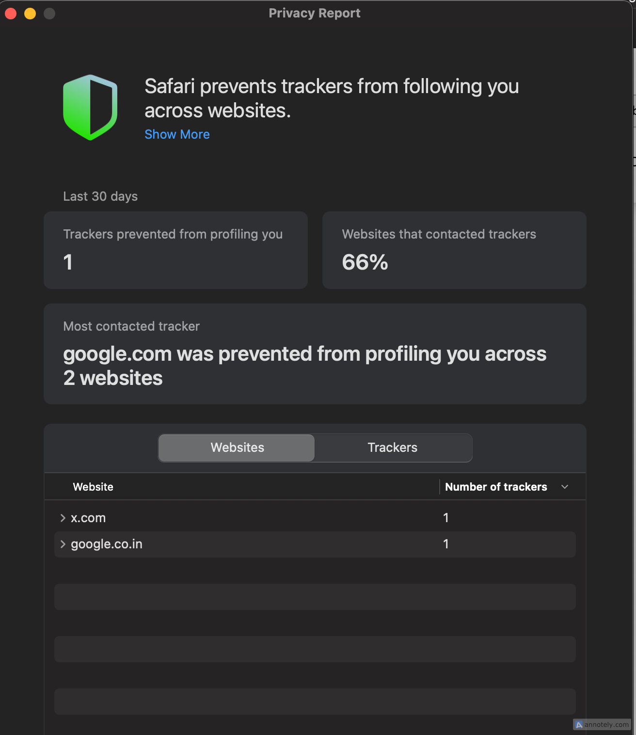 Viewing Safari's Privacy Report on Mac.