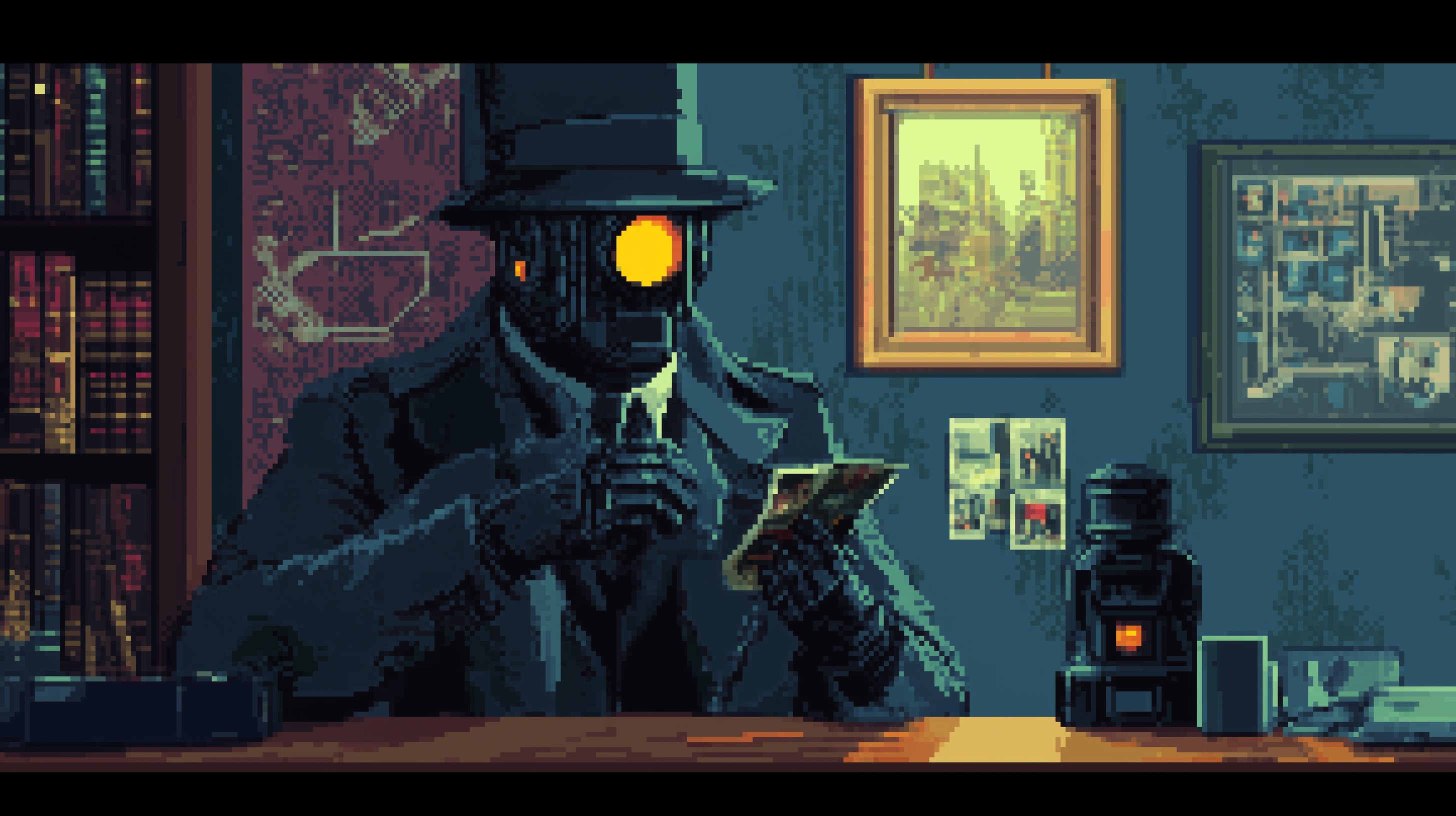 Pixel art of a robot private detective looking at photos.