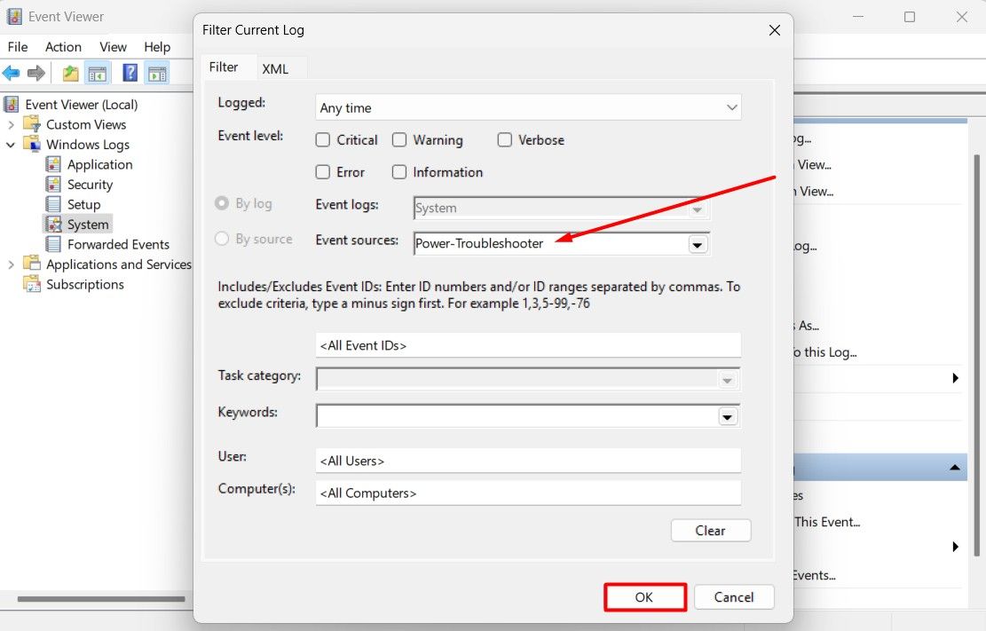 Power Troubleshooter option in the Event Viewer.