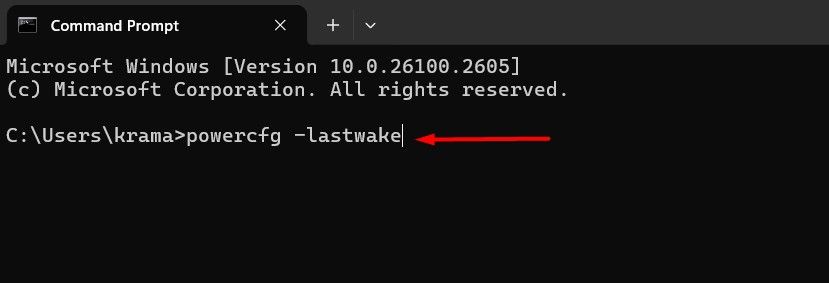 powercfg -lastwake command in the Command Prompt window.