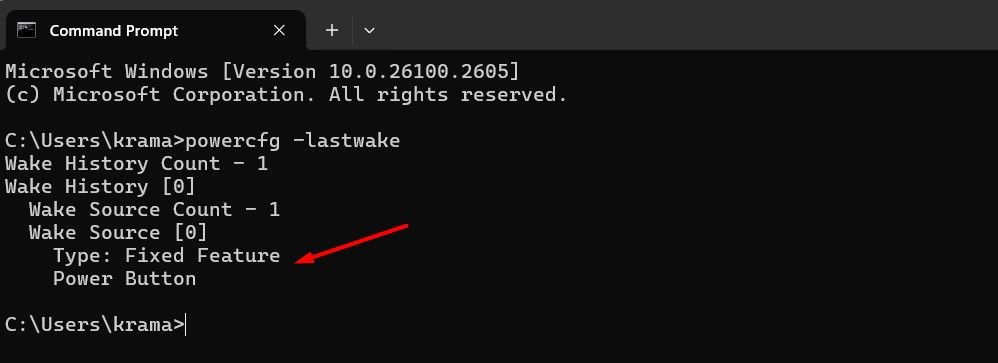 powercfg -lastwake result in Command Prompt window.