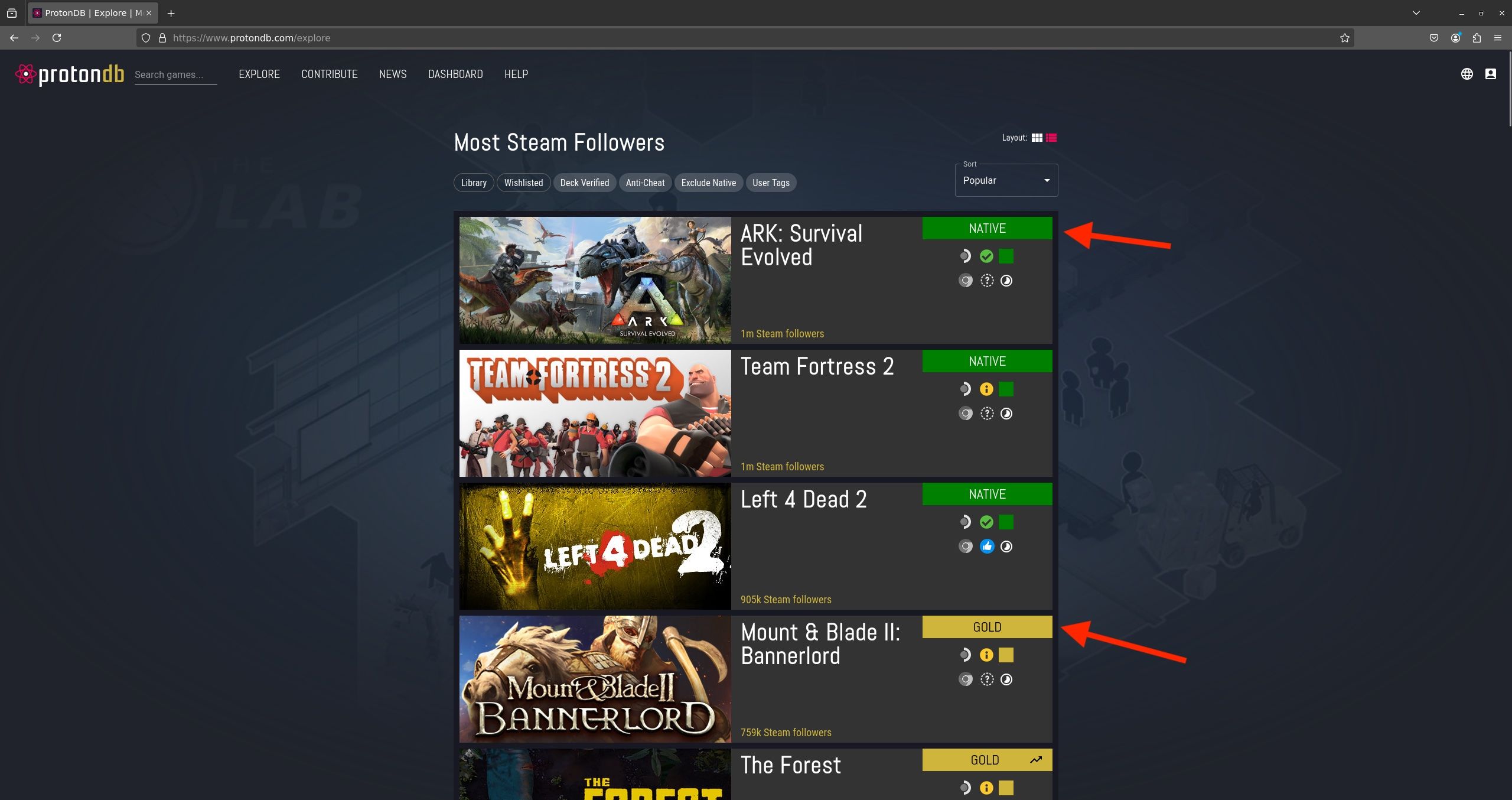 A list of games with the most Steam followers on ProtonDB, with red arrows pointing to the "Native" and "Gold" ratings