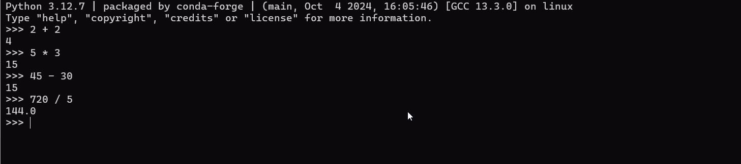 Simple arithmetic performed in the Python interpreter.