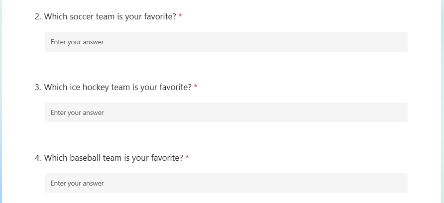 Questions 2, 3, and 4 in a sports survey in Microsoft Forms, each asking a question about three different sports.