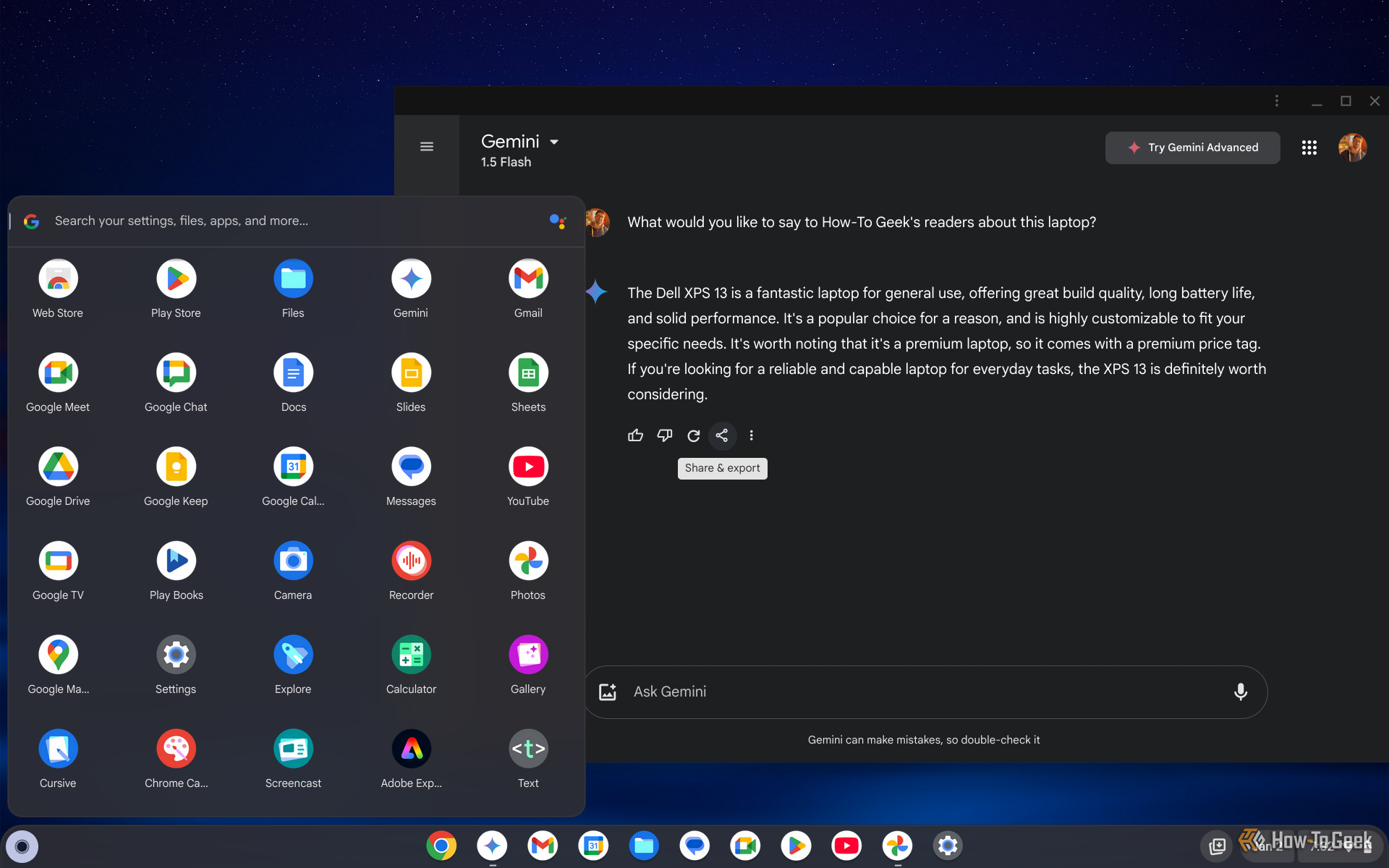 The Gemini AI describing a laptop on the Acer Chromebook Plus Spin 514 next to the ChromeOS launcher.