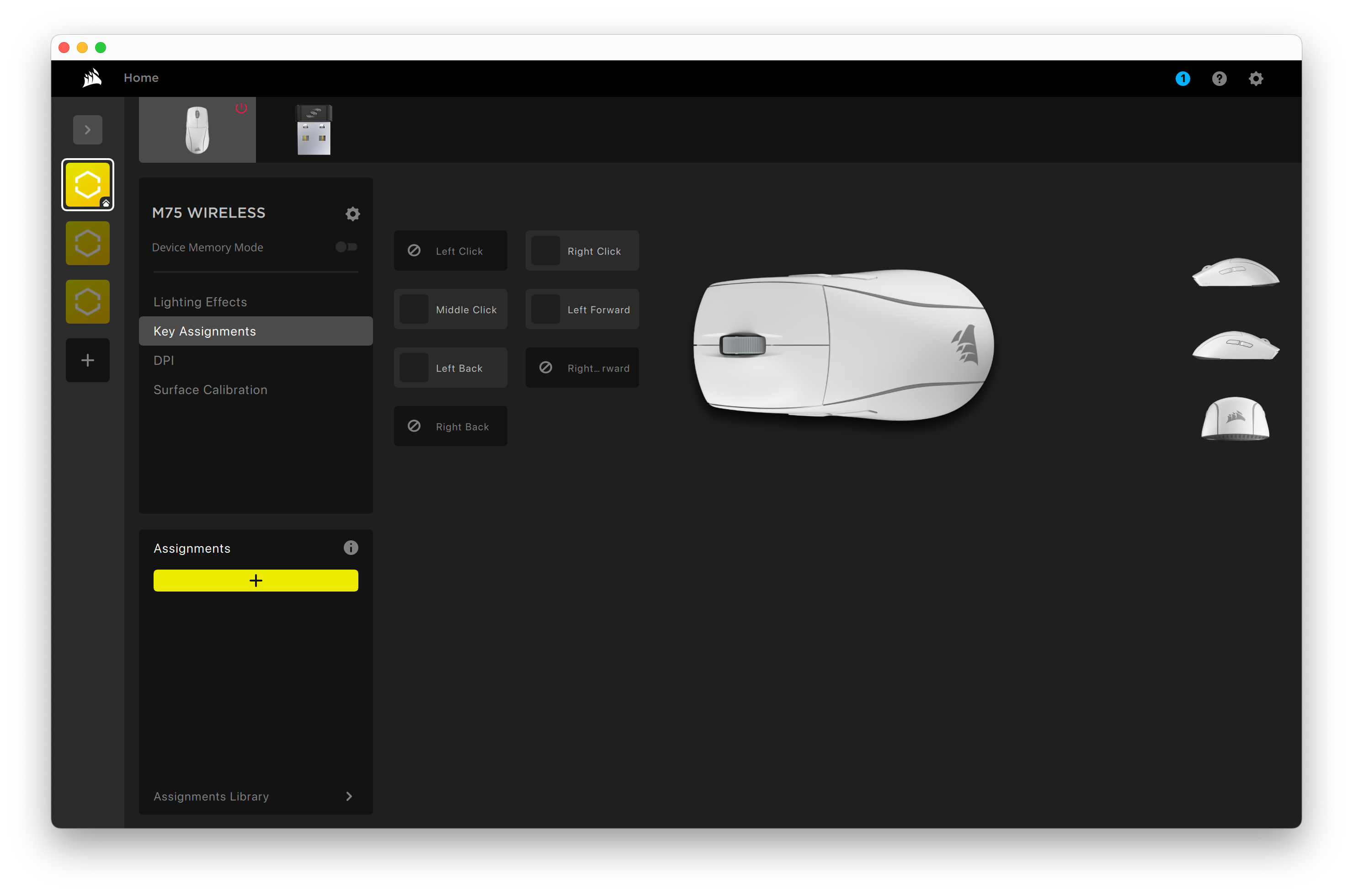 Customizing the M75 mouse's button assignments in the iCue app.