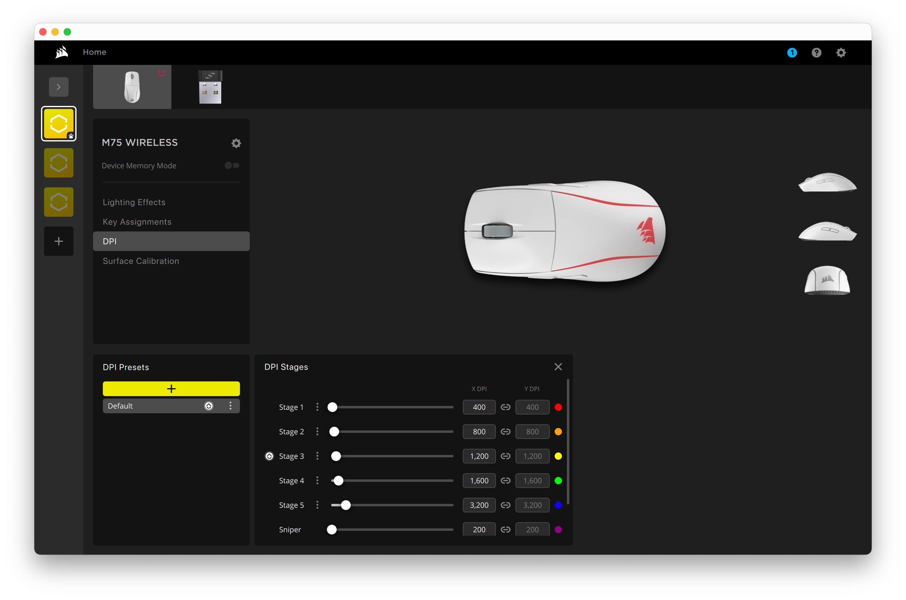 Customizing the M75 mouse's DPI settings in the iCUE app.