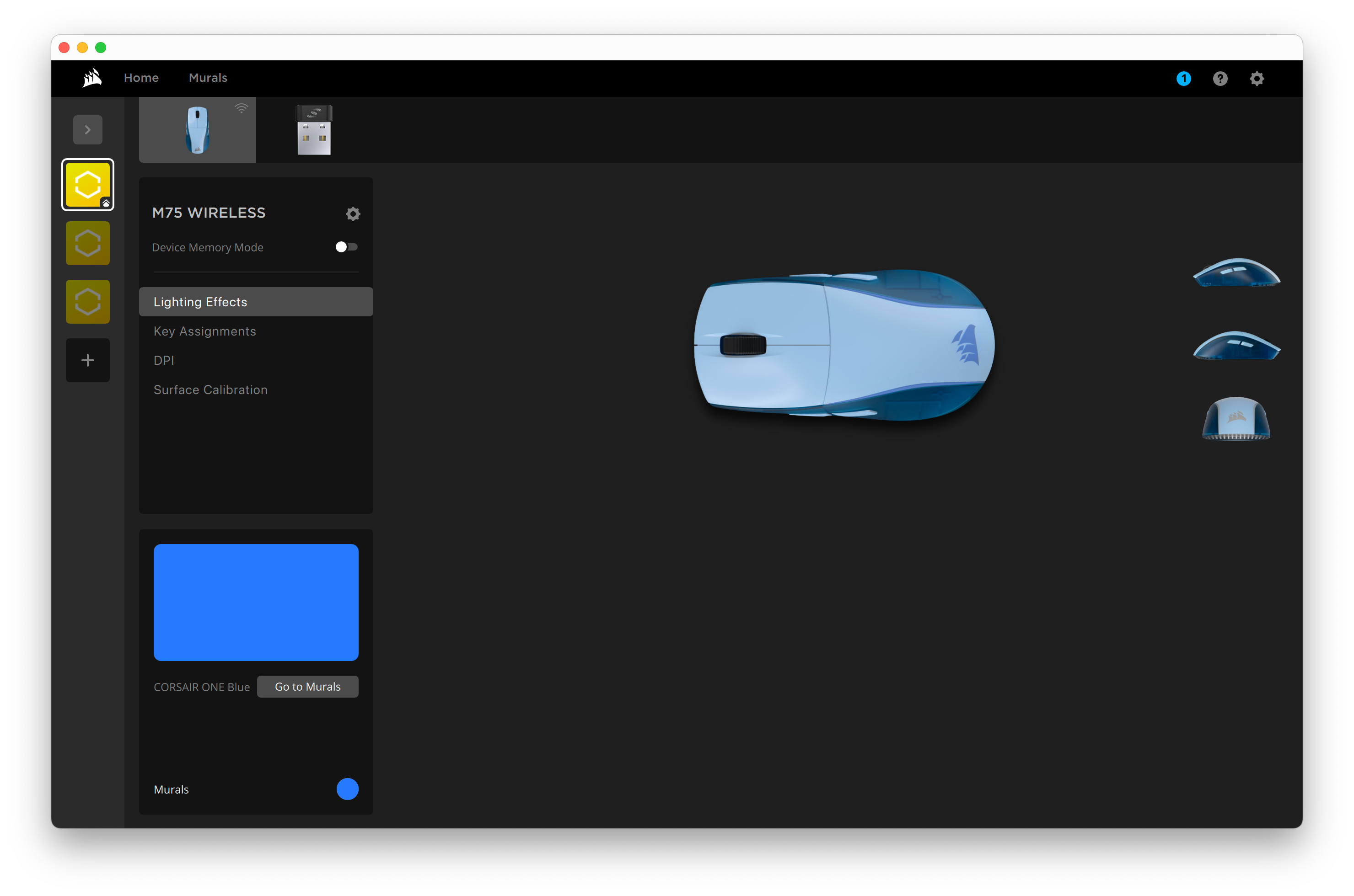 Customizing the M75 mouse's RGB lighting in the iCUE app.