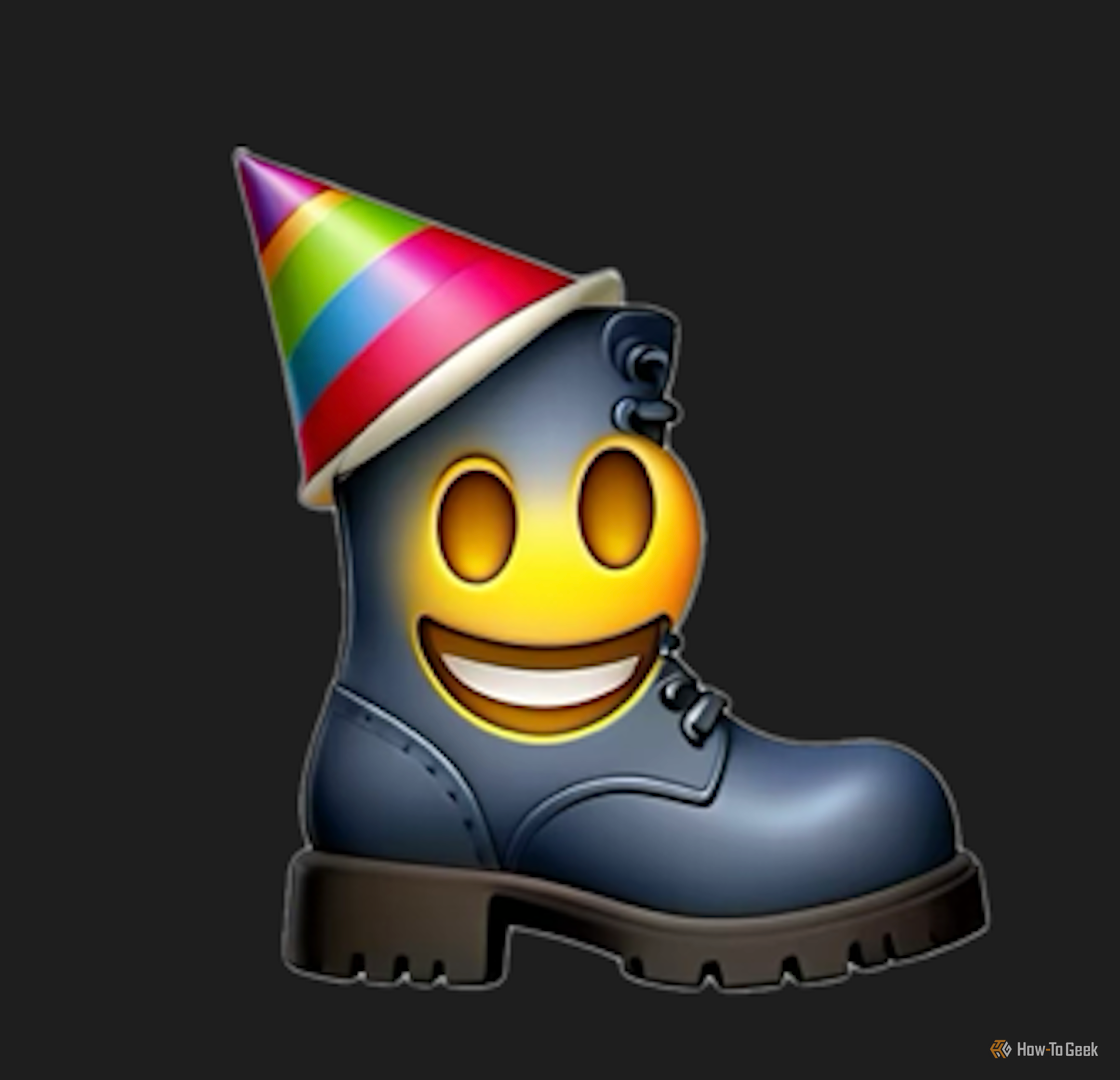 A face in a boot with a party hat made in Genmoji.