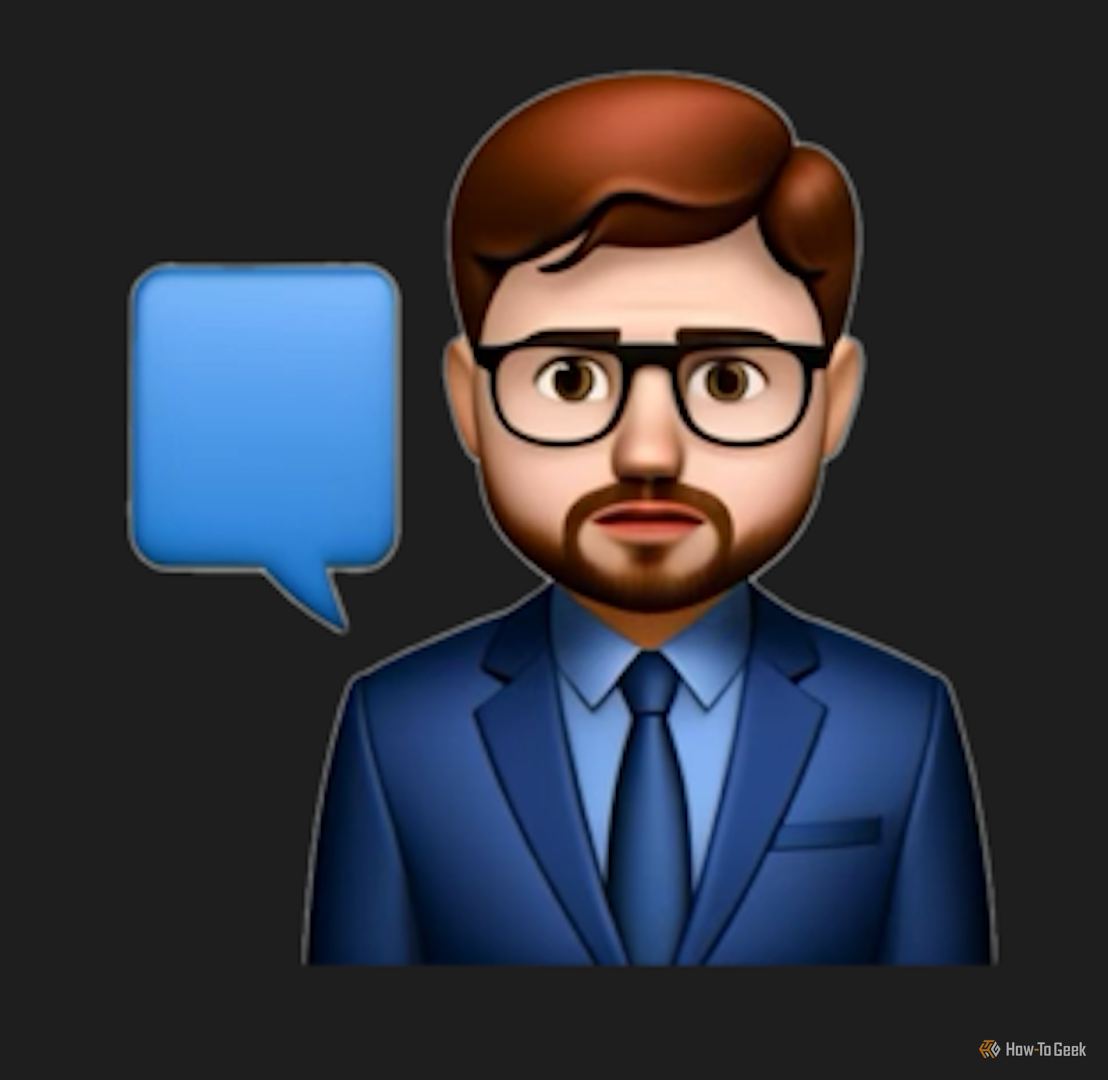 Man in a suit with a speech bubble made in Genmoji.