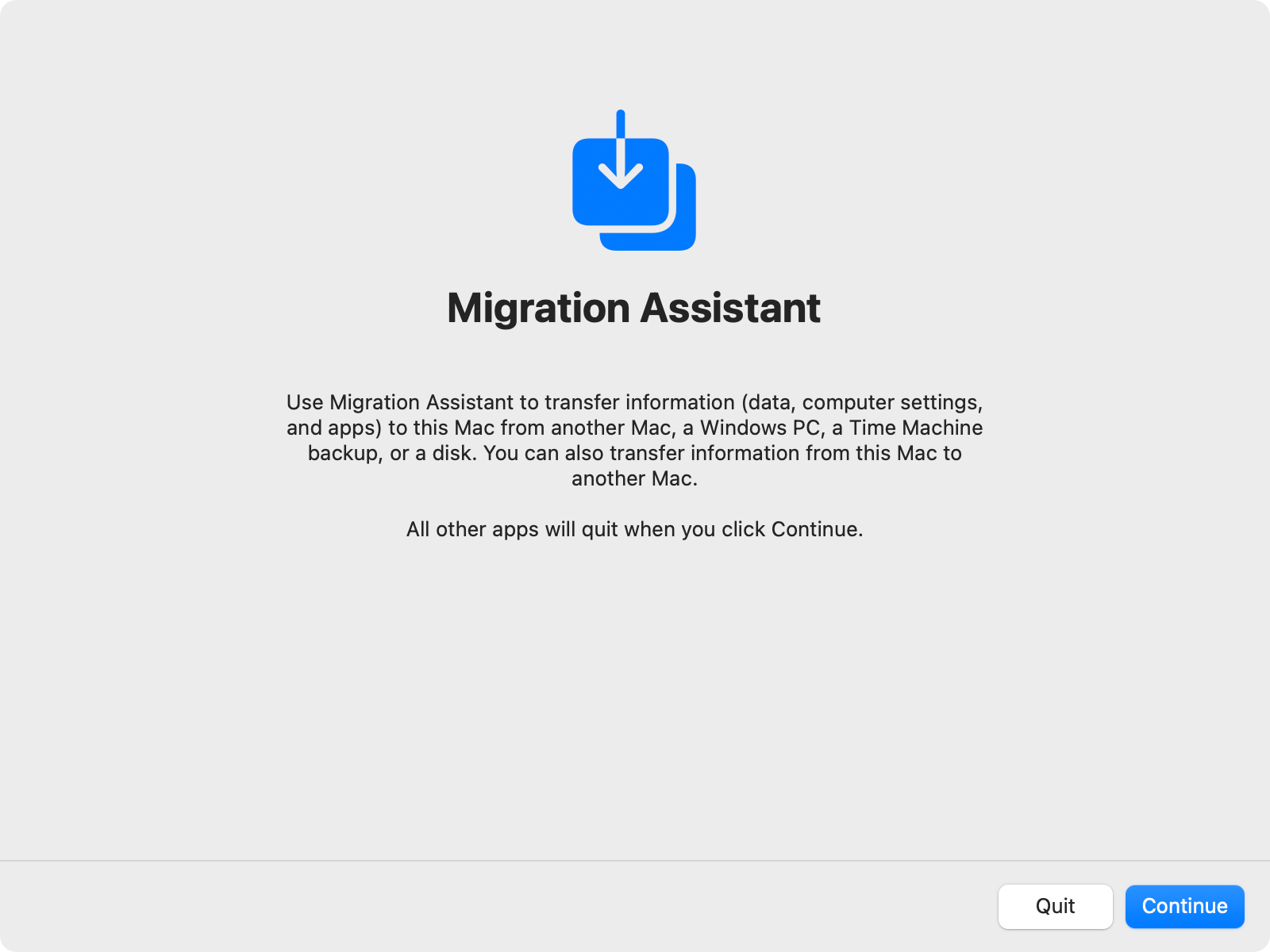 Using macOS Migration Assistant to restore a Time Machine backup.