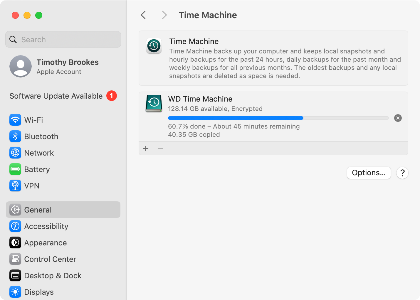 Creating a backup with Time Machine on macOS.