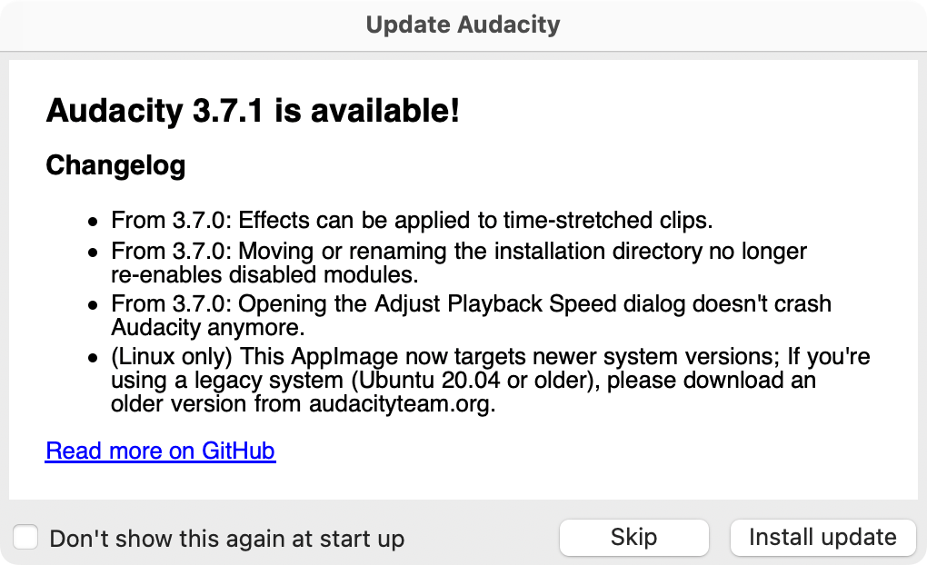 The Audacity update notification.