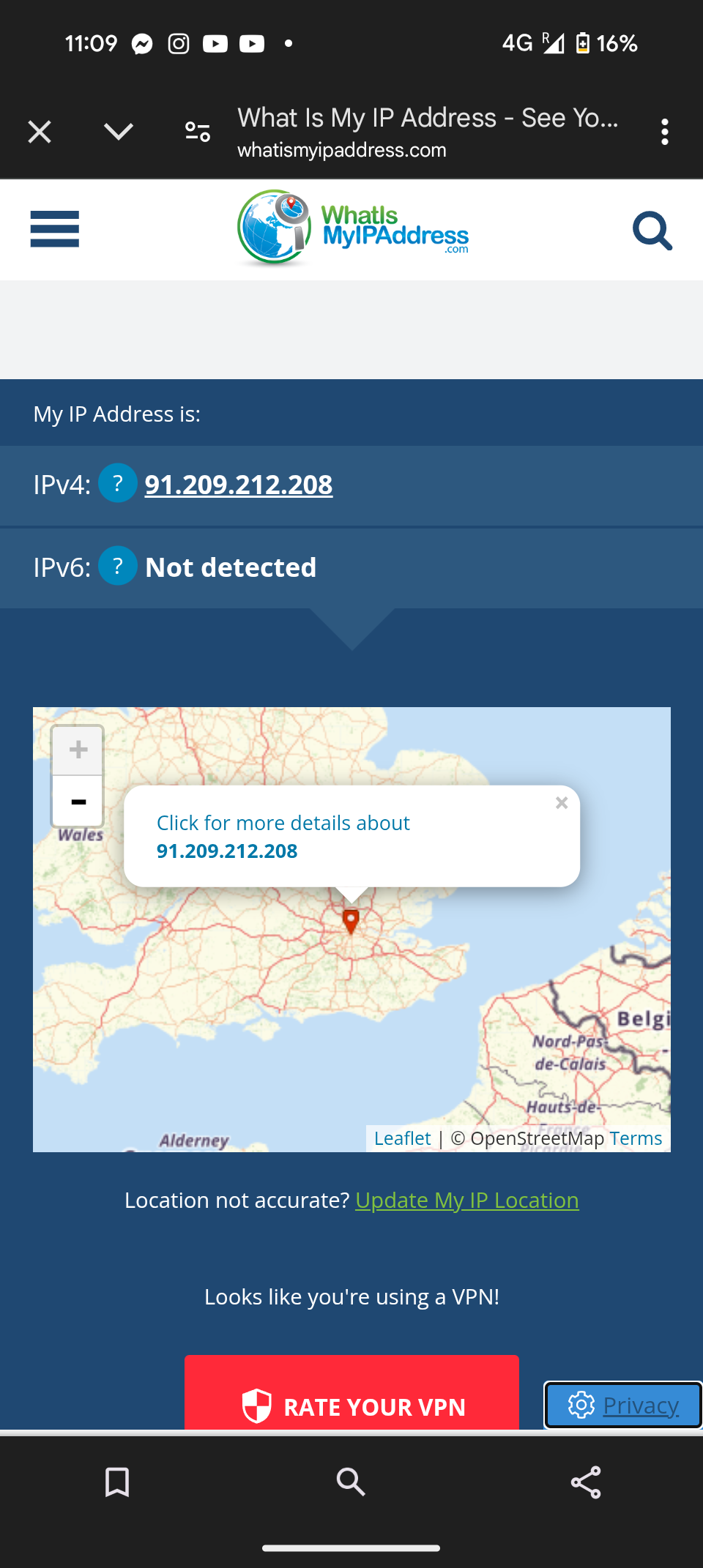 A screenshot of an IP address locator showing a roaming IP address in Colombia as being in London.