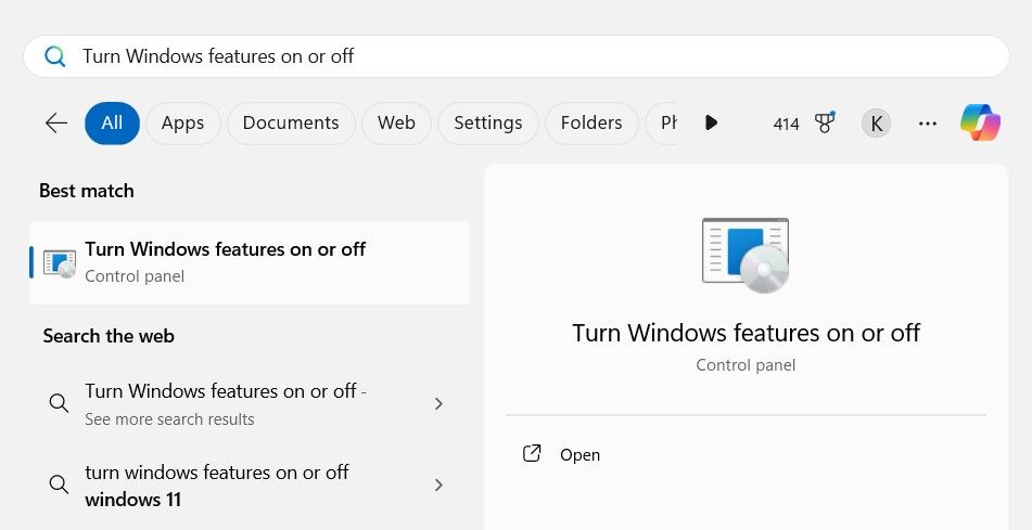 Searching for Turn Windows features on or off in the Start Menu