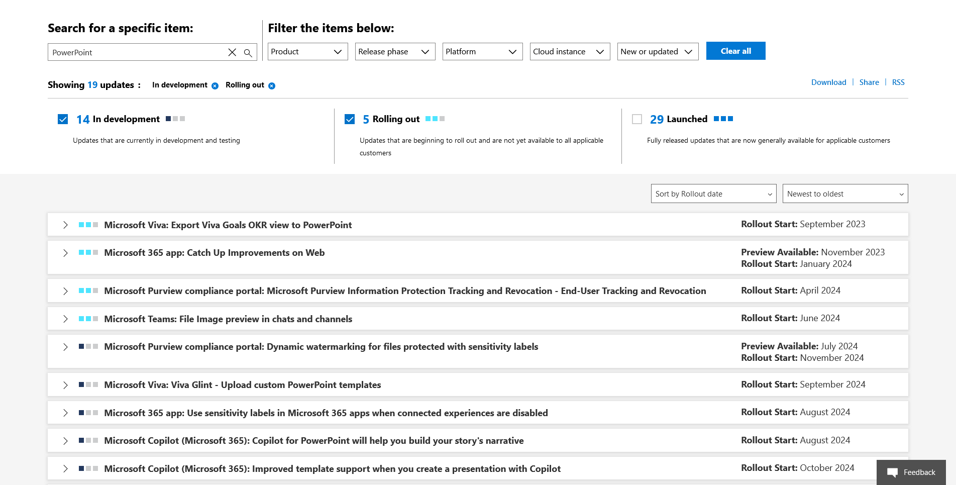 Searching PowerPoint on the Microsoft 365 roadmap.