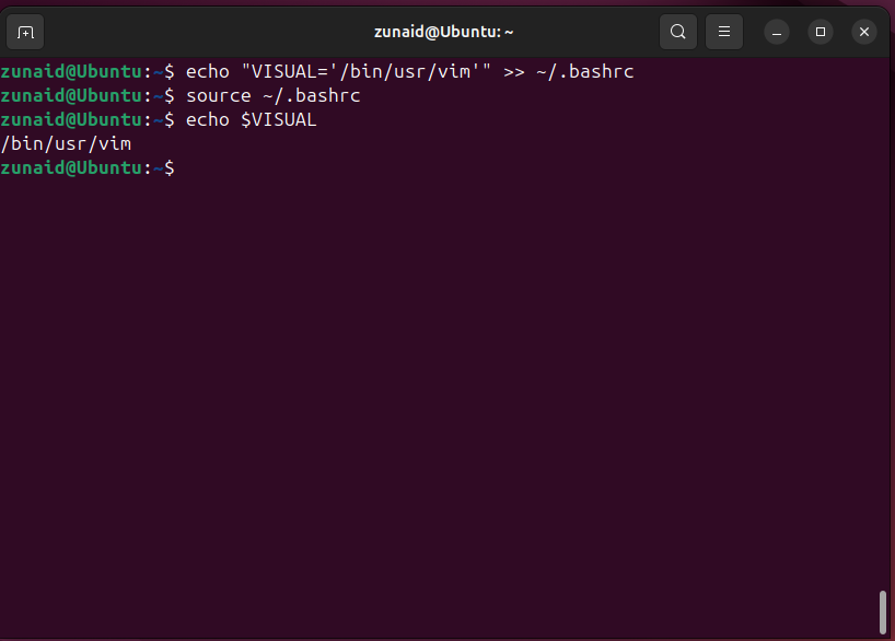 Setting the VISUAL environment variable in the bashrc file.