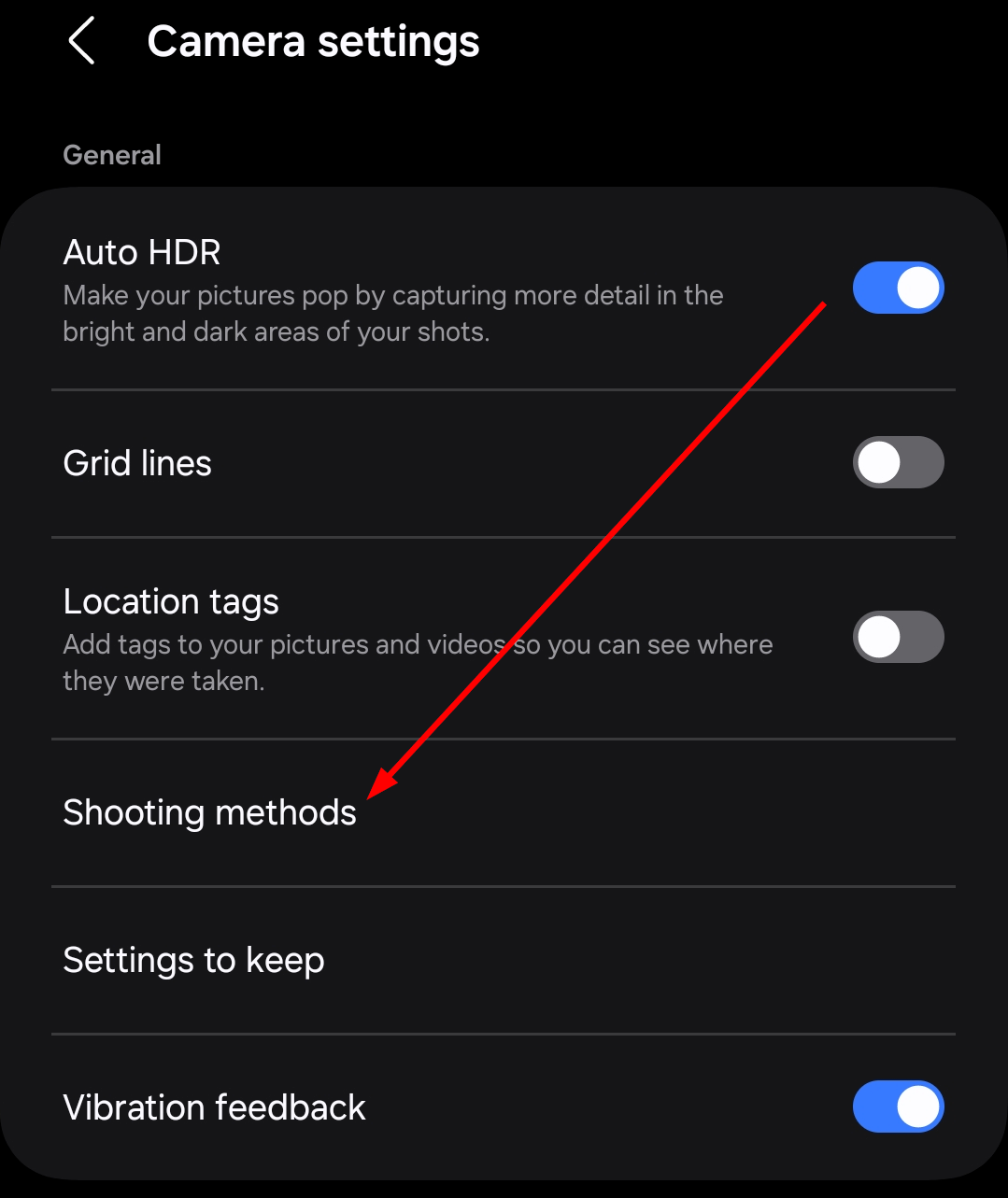 The 'Shooting Methods' option in Samsung Camera Settings.