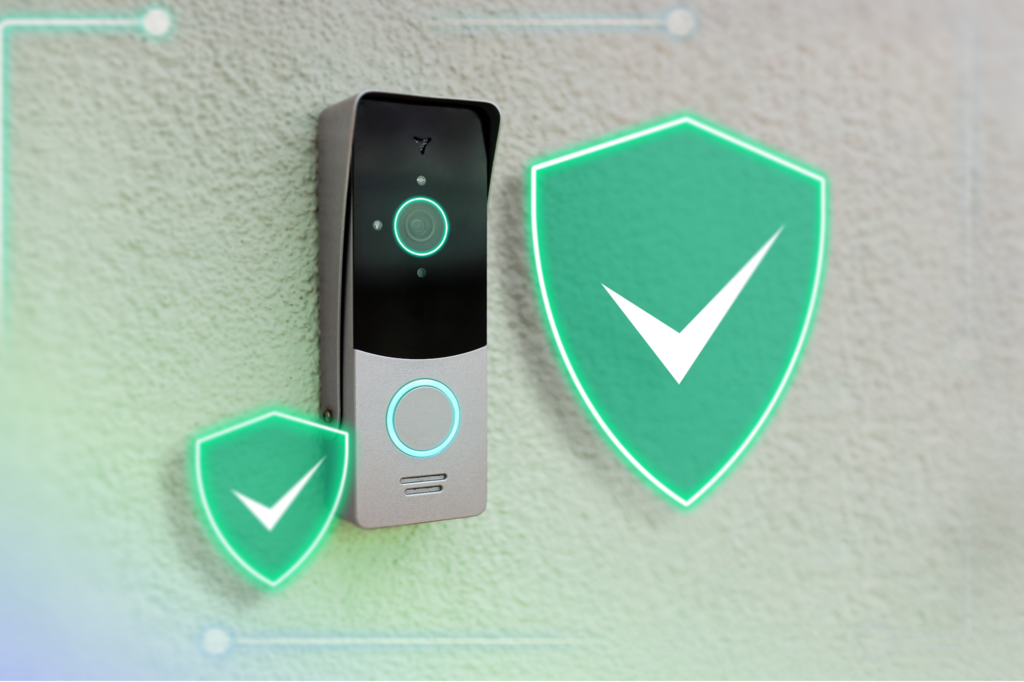 A smart doorbell with security shields beside it.