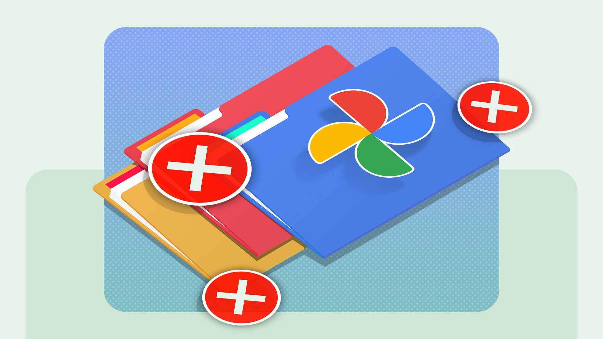 Some document folders, the Google Photos logo above, and some X marks around.