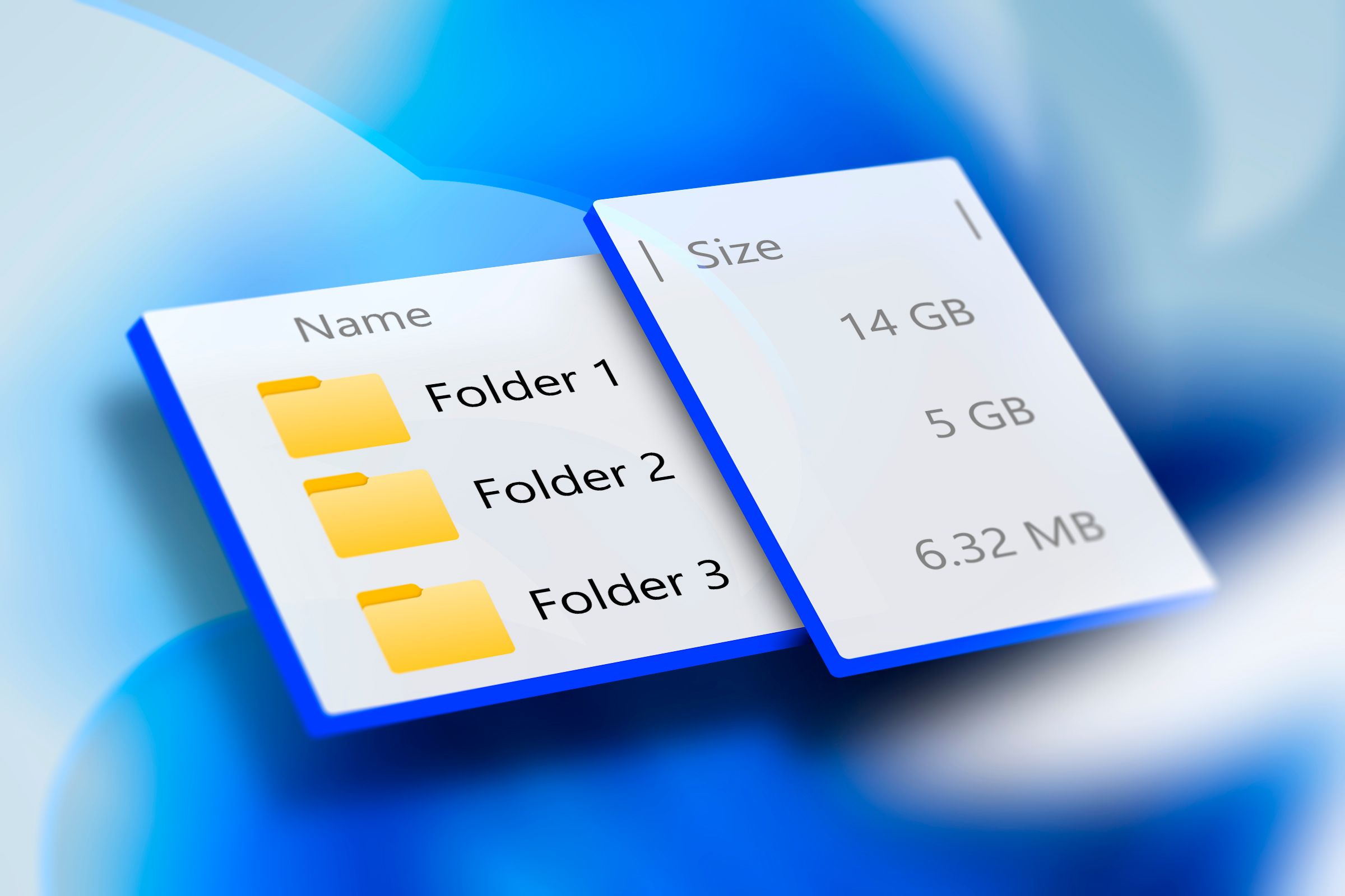 Some folders with their sizes displayed next to them and the Windows 11 wallpaper blurred in the background.