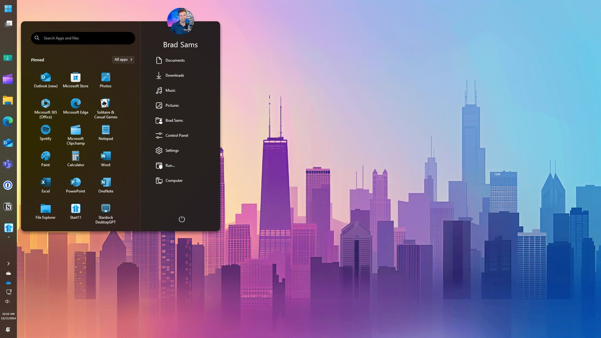 Stardock showing screen with colorful buildings a documents screen open and a vertical taskbar on the left side