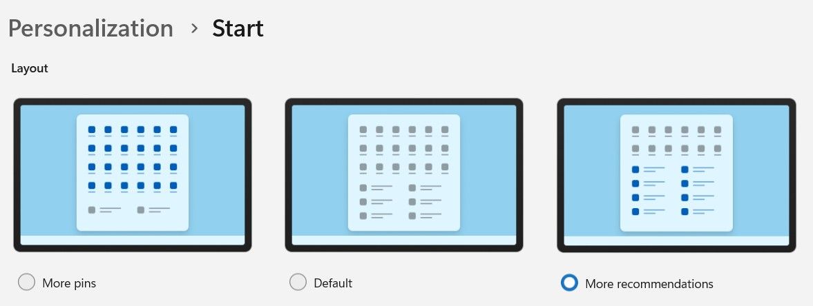 Start Menu window in the Settings app.