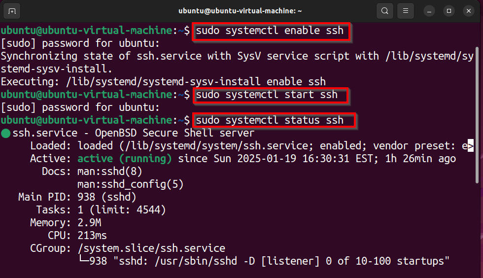 Terminal output showing commands to enable, start, and check the status of the SSH service on Ubuntu.