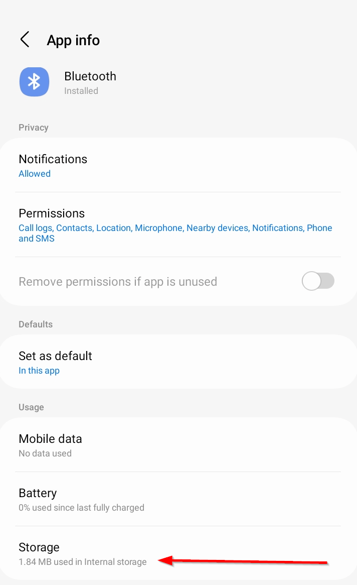 The Storage option on the Bluetooth app info page.