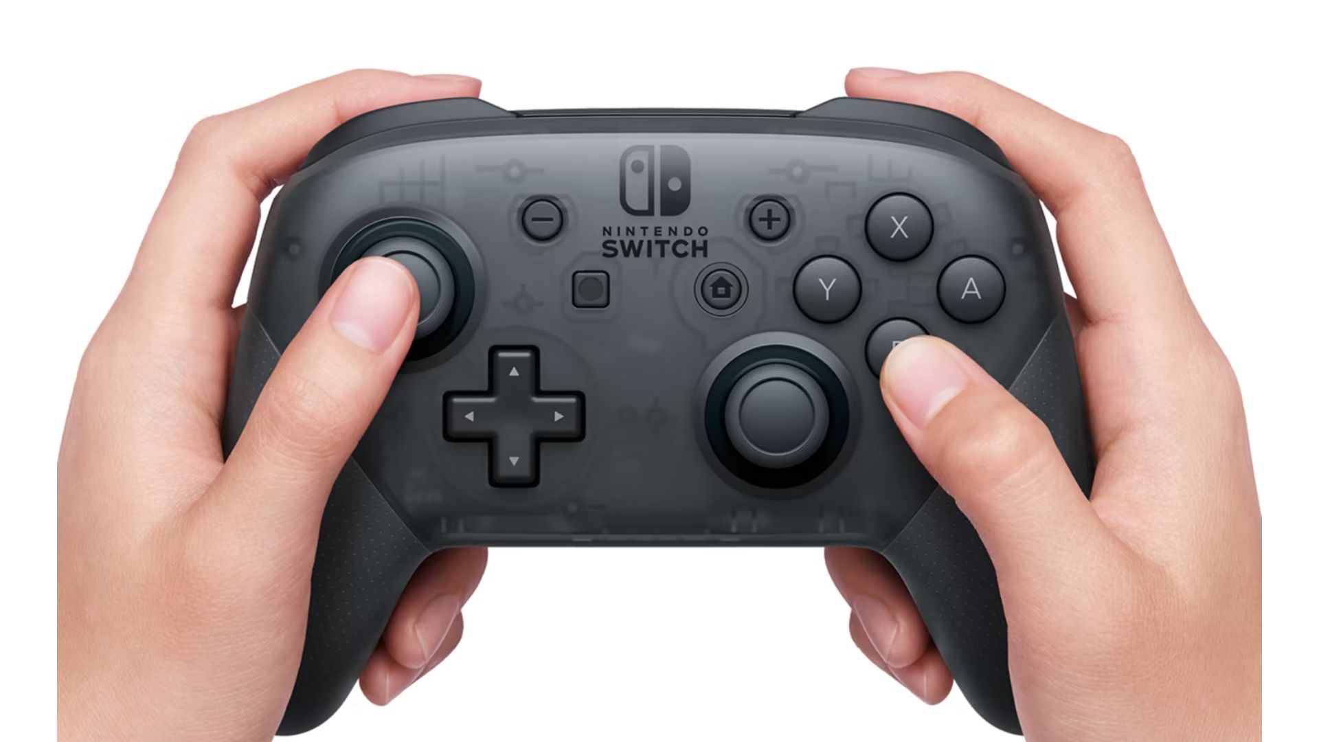 Hands holding a Nintendo Switch Pro Controller on a white background.