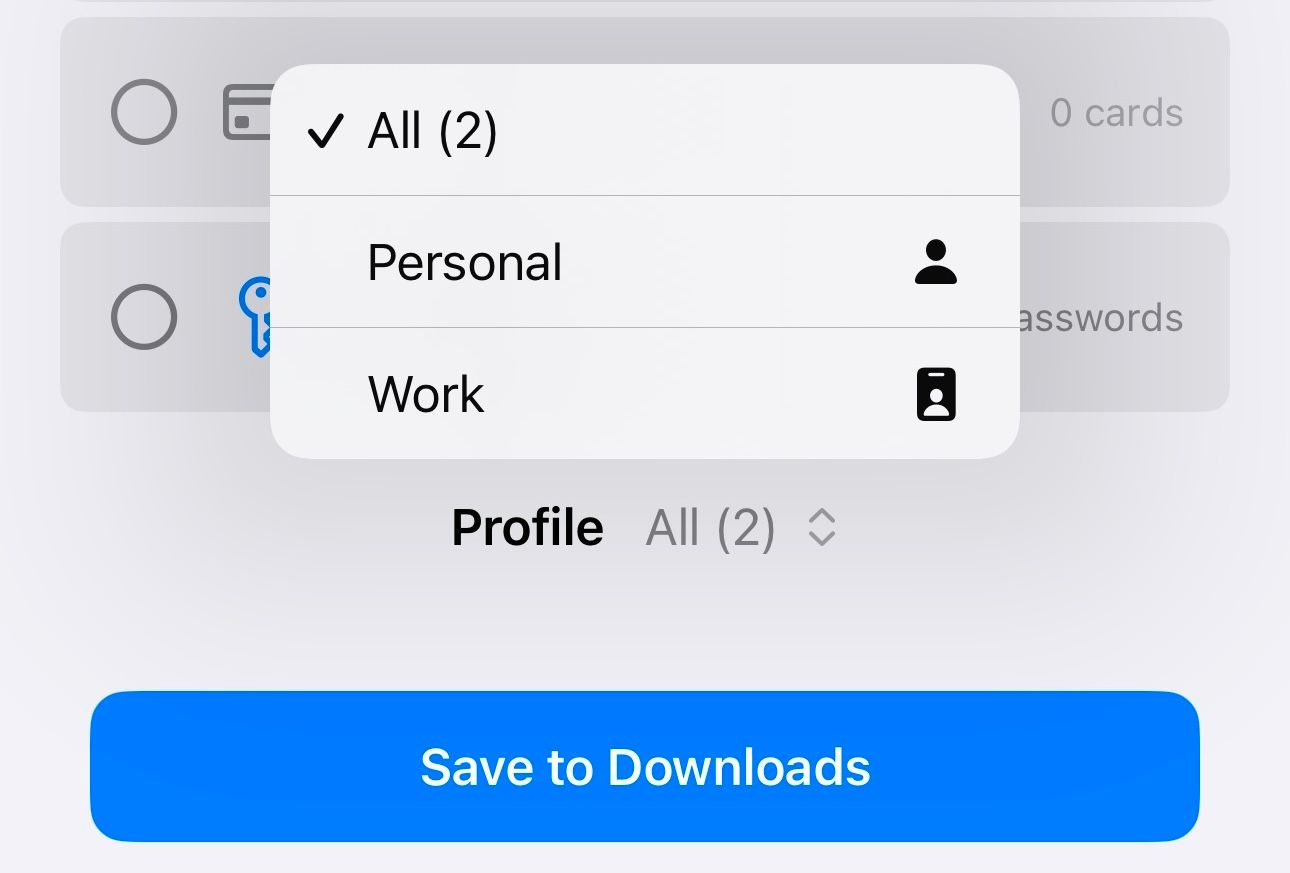 Save to Downloads button in the Safari export tool on an iPhone to export browsing data.