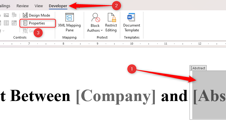 The Abstract field is selected in a Word document, and the Properties icon in the Developer tab is highlighted.