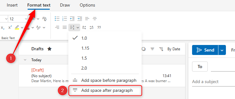 The Add Space After Paragraph option in new Outlook is selected.