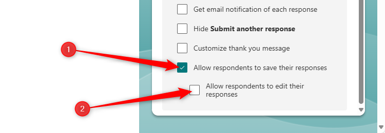 The Allow Respondents To Save Their Responses option in Microsoft Forms, with the option to edit responses also showing beneath.