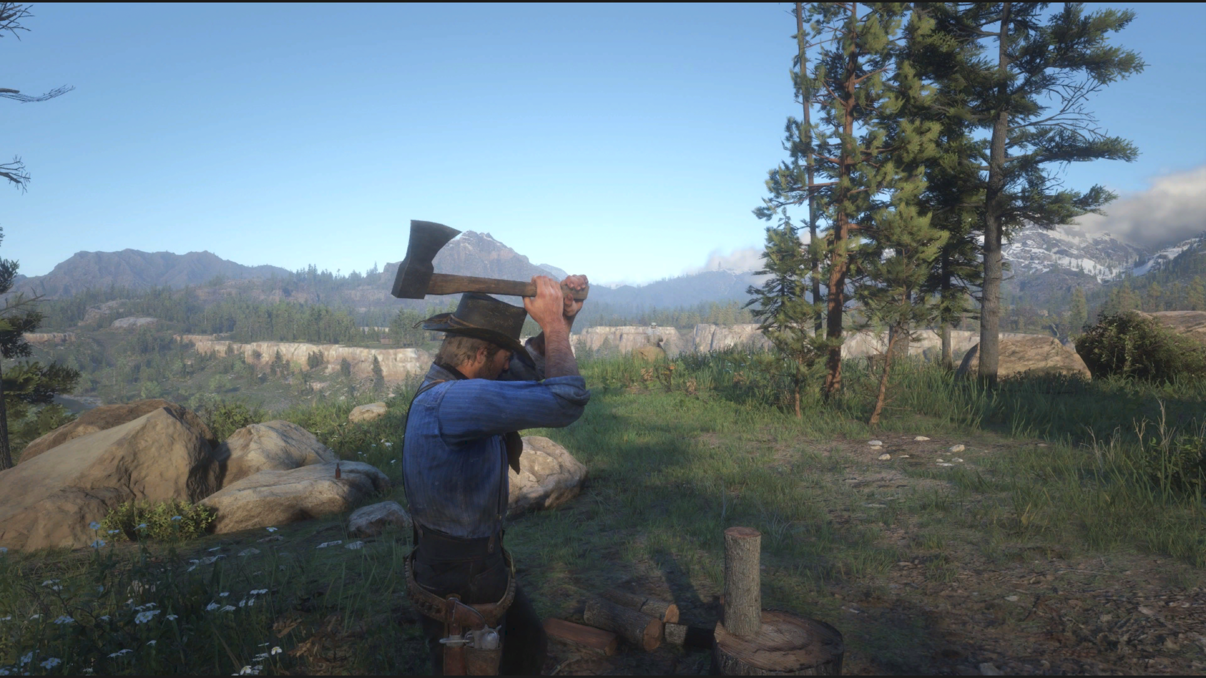 Arthur Morgan chopping wood in Red Dead Redemption 2.