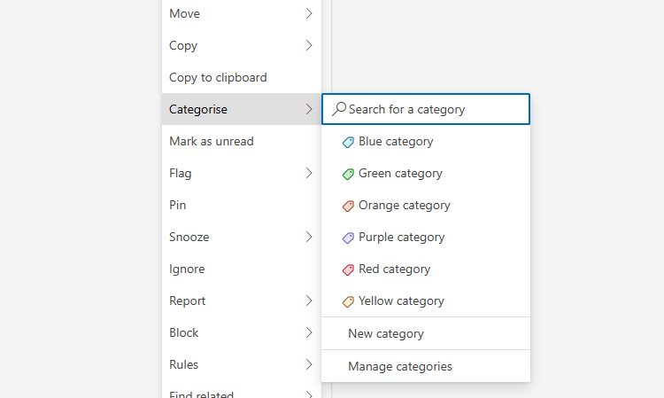 The Categorize option in the new Outlook for Windows, and the default color categorizations available to assign.